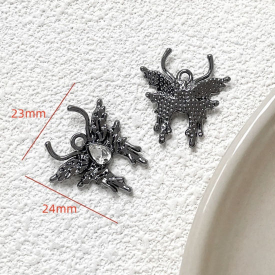 Picture of 5 PCs Zinc Based Alloy Gothic Charms Gunmetal Butterfly Animal Clear Rhinestone 24mm x 23mm