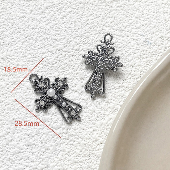 Picture of 5 PCs Zinc Based Alloy Gothic Charms Gunmetal Cross Acrylic Imitation Pearl Clear Rhinestone 28.5mm x 18.5mm