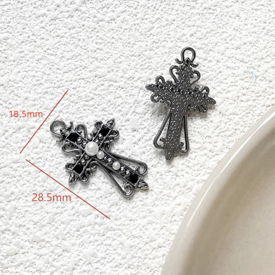 Picture of 5 PCs Zinc Based Alloy Gothic Charms Gunmetal Cross Acrylic Imitation Pearl Black Rhinestone 28.5mm x 18.5mm