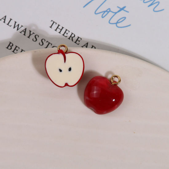 Picture of 2 PCs Resin 3D Charms Apple Fruit Gold Plated Wine Red Mini Simulation 15mm x 14mm