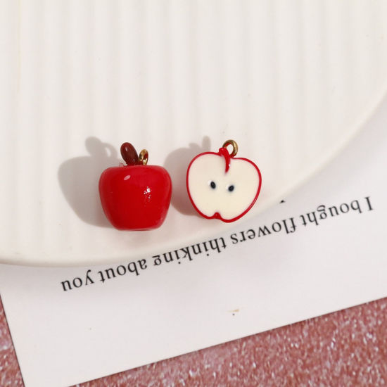 Picture of 2 PCs Resin 3D Charms Apple Fruit Gold Plated Red Mini Simulation 15mm x 14mm