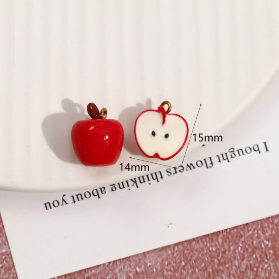 Picture of 2 PCs Resin 3D Charms Apple Fruit Gold Plated Red Mini Simulation 15mm x 14mm