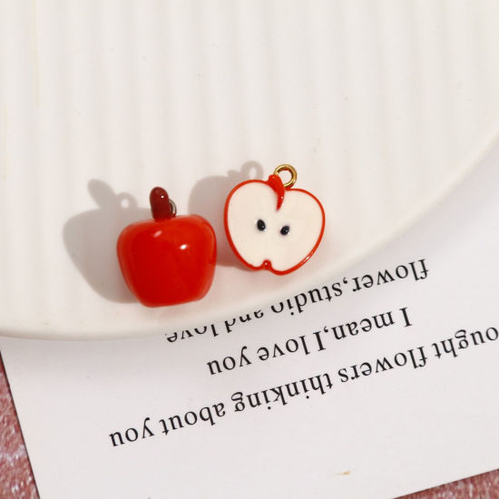 Picture of 2 PCs Resin 3D Charms Apple Fruit Gold Plated Orange-red Mini Simulation 15mm x 14mm