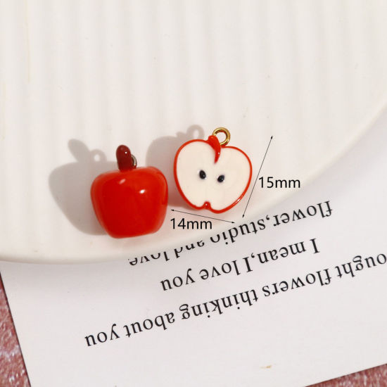 Picture of 2 PCs Resin 3D Charms Apple Fruit Gold Plated Orange-red Mini Simulation 15mm x 14mm