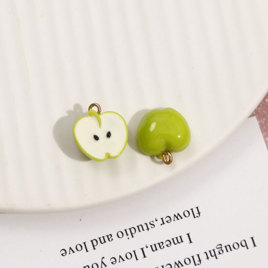 Picture of 2 PCs Resin 3D Charms Apple Fruit Gold Plated Green Mini Simulation 15mm x 14mm