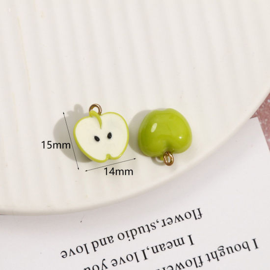 Picture of 2 PCs Resin 3D Charms Apple Fruit Gold Plated Green Mini Simulation 15mm x 14mm