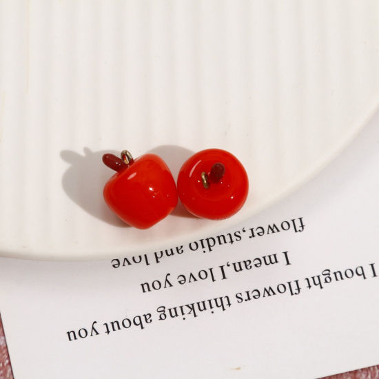 Picture of 2 PCs Resin 3D Charms Apple Fruit Gold Plated Orange-red Mini Simulation 17mm x 14mm