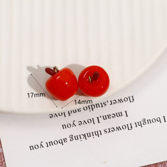 Picture of 2 PCs Resin 3D Charms Apple Fruit Gold Plated Orange-red Mini Simulation 17mm x 14mm