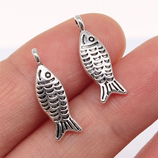 Picture of 50 PCs Zinc Based Alloy Ocean Jewelry Charms Antique Silver Color Fish Animal 20mm x 6mm