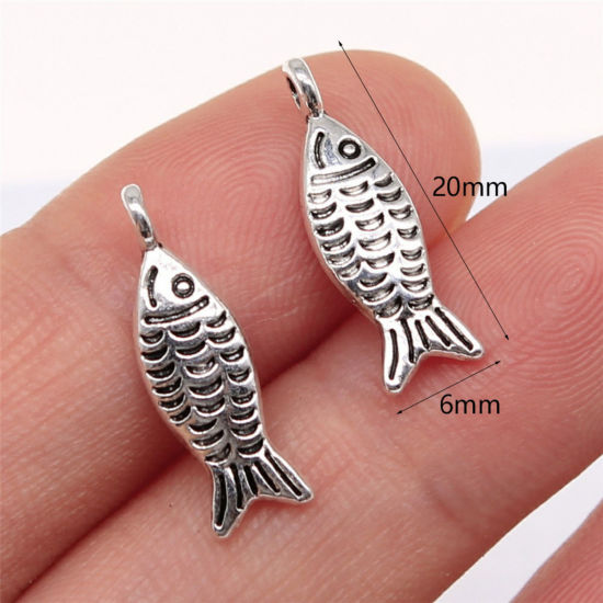 Picture of 50 PCs Zinc Based Alloy Ocean Jewelry Charms Antique Silver Color Fish Animal 20mm x 6mm