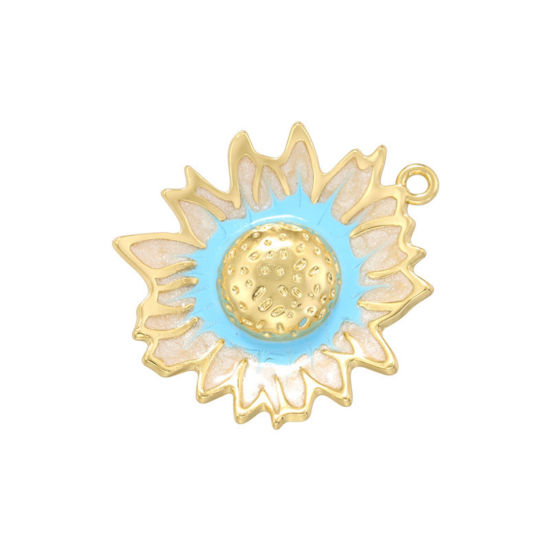 Immagine di 1 Pz Ottone Ciondoli Placcato Oro 18K Blu Girasole Smalto 28.5mm x 24.5mm
