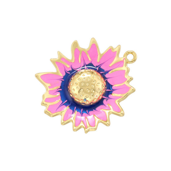 Immagine di 1 Pz Ottone Ciondoli Placcato Oro 18K Viola & Rosso Prugna Girasole Smalto 28.5mm x 24.5mm