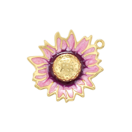 Immagine di 1 Pz Ottone Ciondoli Placcato Oro 18K Rosa & Viola Girasole Smalto 28.5mm x 24.5mm