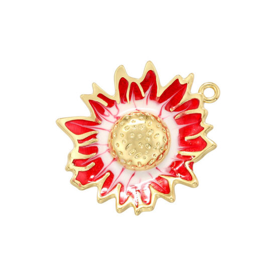 Immagine di 1 Pz Ottone Ciondoli Placcato Oro 18K Bianco & Rosso Girasole Smalto 28.5mm x 24.5mm