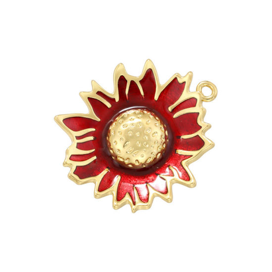 Immagine di 1 Pz Ottone Ciondoli Placcato Oro 18K Rosso Girasole Smalto 28.5mm x 24.5mm