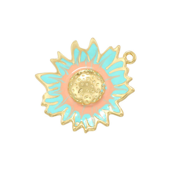 Immagine di 1 Pz Ottone Ciondoli Placcato Oro 18K Blu Girasole Smalto 28.5mm x 24.5mm