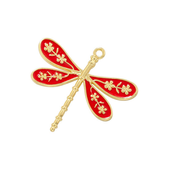 Immagine di 1 Pz Ottone Insetto Ciondoli Libellula Placcato Oro 18K Rosso Smalto 25.5mm x 23mm