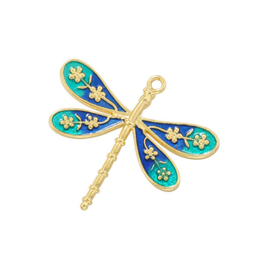 Immagine di 1 Pz Ottone Insetto Ciondoli Libellula Placcato Oro 18K Blu & Verde Smalto 25.5mm x 23mm