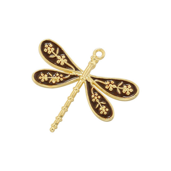 Immagine di 1 Pz Ottone Insetto Ciondoli Libellula Placcato Oro 18K Nero Smalto 25.5mm x 23mm