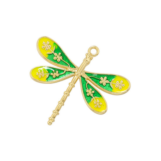 Immagine di 1 Pz Ottone Insetto Ciondoli Libellula Placcato Oro 18K Giallo Pallido & Verde Smalto 25.5mm x 23mm