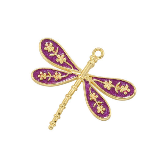 Immagine di 1 Pz Ottone Insetto Ciondoli Libellula Placcato Oro 18K Colore Viola Smalto 25.5mm x 23mm