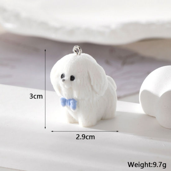 Picture of 2 PCs Acrylic 3D Pendants Dog Animal Bowknot Silver Tone White Flocking 3cm x 2.9cm