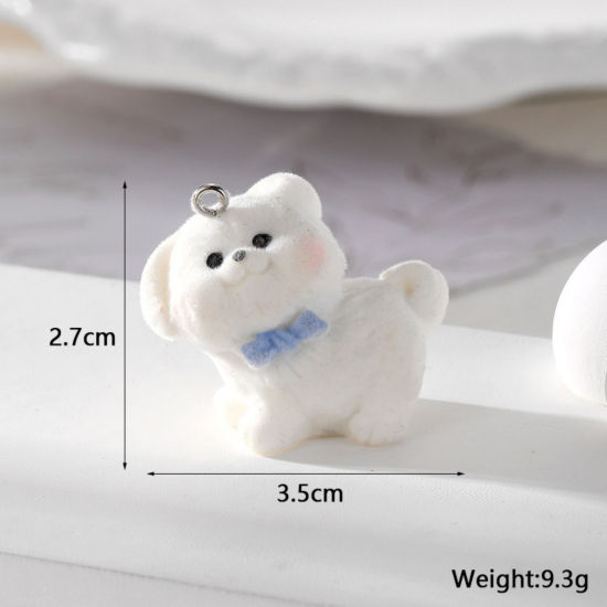 Picture of 2 PCs Acrylic 3D Pendants Dog Animal Bowknot Silver Tone White Flocking 3.5cm x 2.7cm