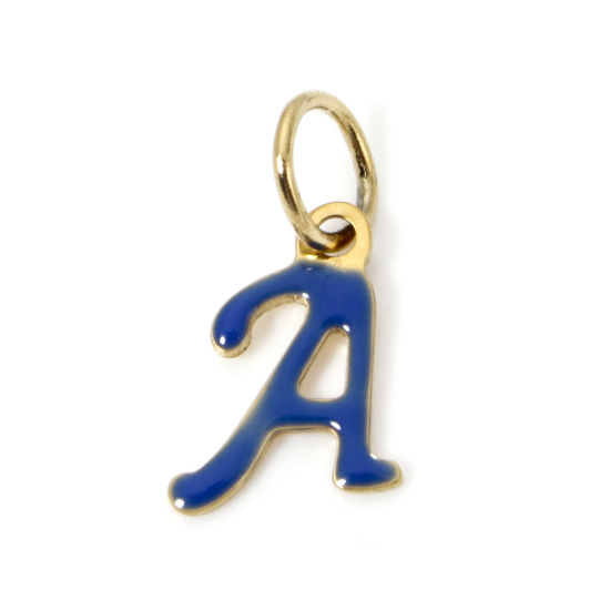 Picture of 1 Piece Eco-friendly PVD Vacuum Plating 304 Stainless Steel Charms 14K Gold Plated Dark Blue Capital Alphabet Initial Letter Message " A " Enamel 16mm x 8mm