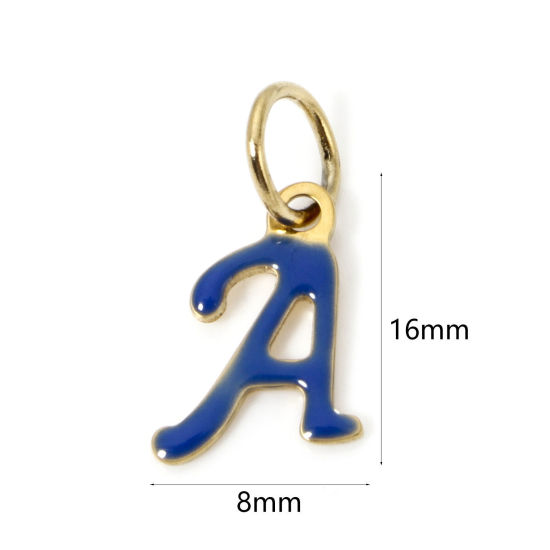 Picture of 1 Piece Eco-friendly PVD Vacuum Plating 304 Stainless Steel Charms 14K Gold Plated Dark Blue Capital Alphabet Initial Letter Message " A " Enamel 16mm x 8mm