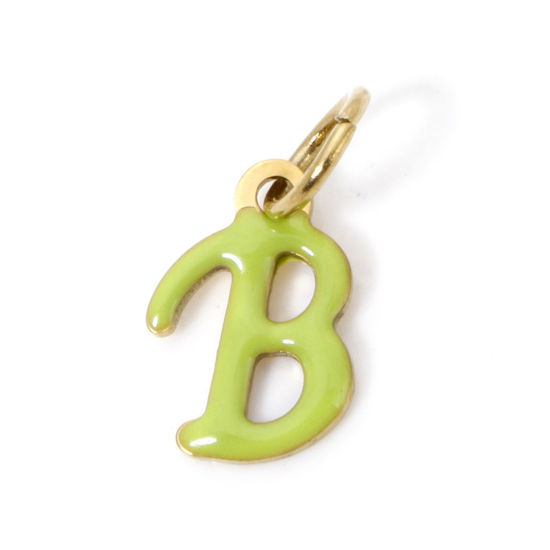 Picture of 1 Piece Eco-friendly PVD Vacuum Plating 304 Stainless Steel Charms 14K Gold Plated Yellow-green Capital Alphabet Initial Letter Message " B " Enamel 16mm x 8mm