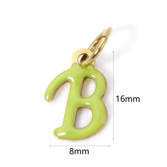 Picture of 1 Piece Eco-friendly PVD Vacuum Plating 304 Stainless Steel Charms 14K Gold Plated Yellow-green Capital Alphabet Initial Letter Message " B " Enamel 16mm x 8mm