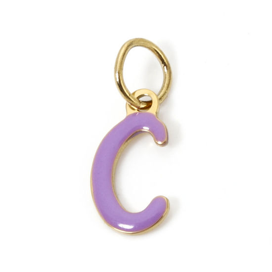 Picture of 1 Piece Eco-friendly PVD Vacuum Plating 304 Stainless Steel Charms 14K Gold Plated Mauve Capital Alphabet Initial Letter Message " C " Enamel 17mm x 7mm