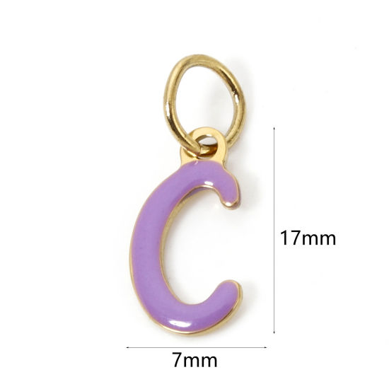 Picture of 1 Piece Eco-friendly PVD Vacuum Plating 304 Stainless Steel Charms 14K Gold Plated Mauve Capital Alphabet Initial Letter Message " C " Enamel 17mm x 7mm