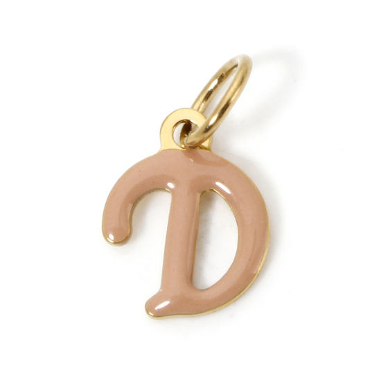 Picture of 1 Piece Eco-friendly PVD Vacuum Plating 304 Stainless Steel Charms 14K Gold Plated Apricot Beige Capital Alphabet Initial Letter Message " D " Enamel 16mm x 9mm