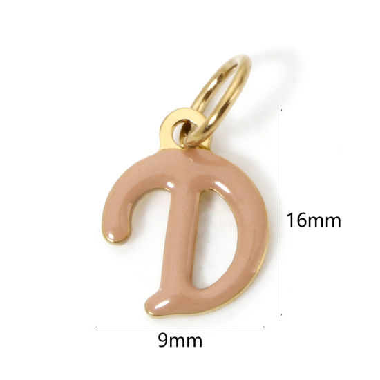 Picture of 1 Piece Eco-friendly PVD Vacuum Plating 304 Stainless Steel Charms 14K Gold Plated Apricot Beige Capital Alphabet Initial Letter Message " D " Enamel 16mm x 9mm