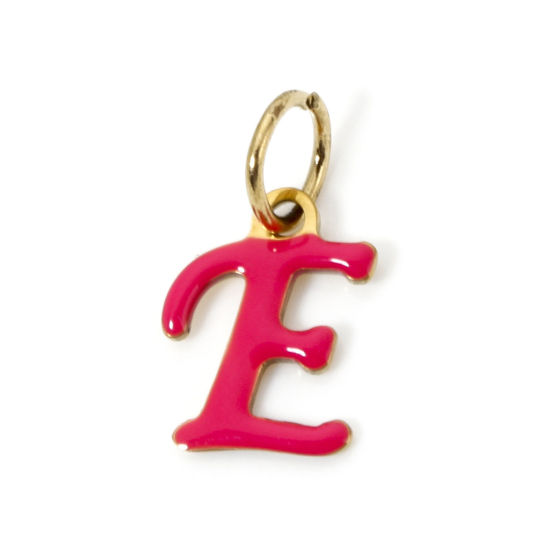 Picture of 1 Piece Eco-friendly PVD Vacuum Plating 304 Stainless Steel Charms 14K Gold Plated Fuchsia Capital Alphabet Initial Letter Message " E " Enamel 16mm x 9mm