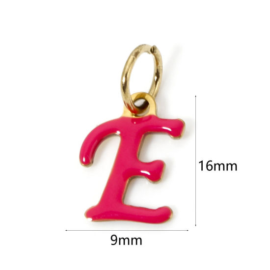 Picture of 1 Piece Eco-friendly PVD Vacuum Plating 304 Stainless Steel Charms 14K Gold Plated Fuchsia Capital Alphabet Initial Letter Message " E " Enamel 16mm x 9mm