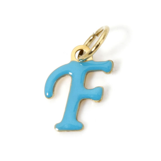 Picture of 1 Piece Eco-friendly PVD Vacuum Plating 304 Stainless Steel Charms 14K Gold Plated Skyblue Capital Alphabet Initial Letter Message " F " Enamel 16mm x 9mm