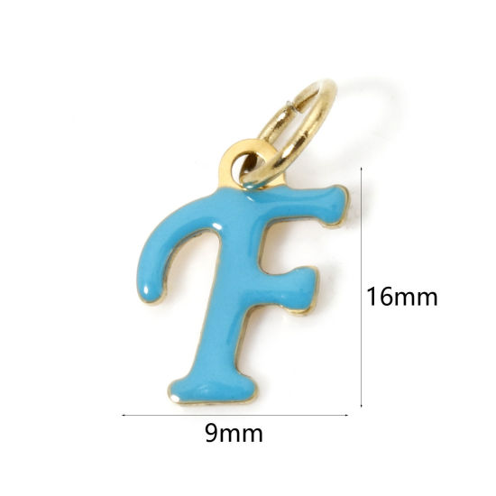 Picture of 1 Piece Eco-friendly PVD Vacuum Plating 304 Stainless Steel Charms 14K Gold Plated Skyblue Capital Alphabet Initial Letter Message " F " Enamel 16mm x 9mm