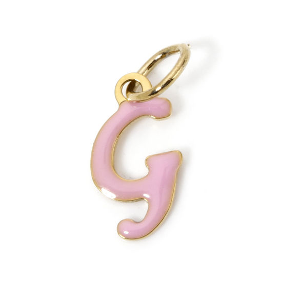 Picture of 1 Piece Eco-friendly PVD Vacuum Plating 304 Stainless Steel Charms 14K Gold Plated Light Pink Capital Alphabet Initial Letter Message " G " Enamel 17mm x 7mm