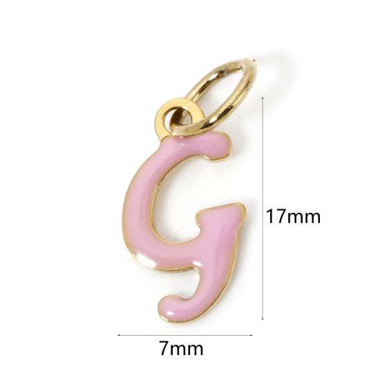 Picture of 1 Piece Eco-friendly PVD Vacuum Plating 304 Stainless Steel Charms 14K Gold Plated Light Pink Capital Alphabet Initial Letter Message " G " Enamel 17mm x 7mm