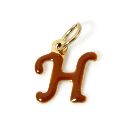 Picture of 1 Piece Eco-friendly PVD Vacuum Plating 304 Stainless Steel Charms 14K Gold Plated Coffee Capital Alphabet Initial Letter Message " H " Enamel 16mm x 11mm