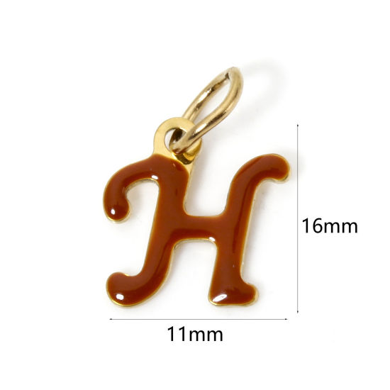 Picture of 1 Piece Eco-friendly PVD Vacuum Plating 304 Stainless Steel Charms 14K Gold Plated Coffee Capital Alphabet Initial Letter Message " H " Enamel 16mm x 11mm