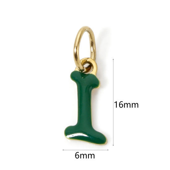 Picture of 1 Piece Eco-friendly PVD Vacuum Plating 304 Stainless Steel Charms 14K Gold Plated Emerald Capital Alphabet Initial Letter Message " I " Enamel 16mm x 6mm