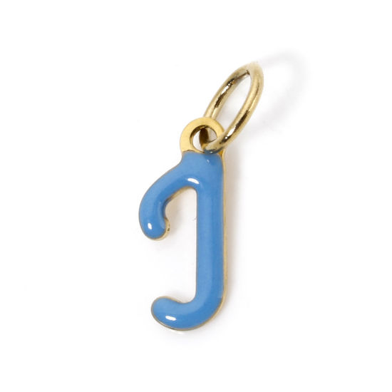 Picture of 1 Piece Eco-friendly PVD Vacuum Plating 304 Stainless Steel Charms 14K Gold Plated Steel Gray Capital Alphabet Initial Letter Message " J " Enamel 17mm x 5mm