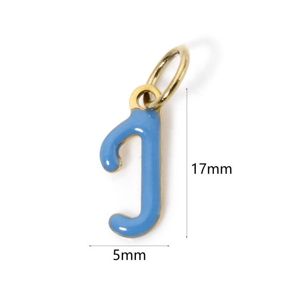 Picture of 1 Piece Eco-friendly PVD Vacuum Plating 304 Stainless Steel Charms 14K Gold Plated Steel Gray Capital Alphabet Initial Letter Message " J " Enamel 17mm x 5mm