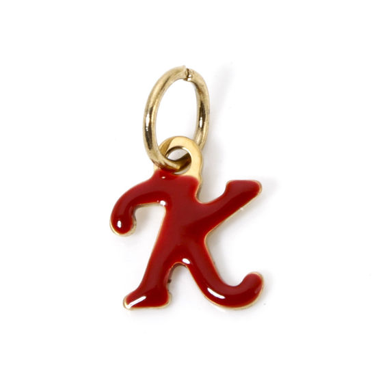 Picture of 1 Piece Eco-friendly PVD Vacuum Plating 304 Stainless Steel Charms 14K Gold Plated Red Capital Alphabet Initial Letter Message " K " Enamel 14mm x 9mm