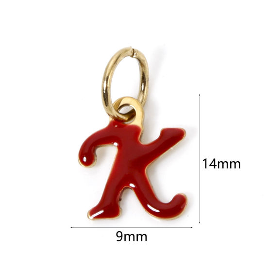 Picture of 1 Piece Eco-friendly PVD Vacuum Plating 304 Stainless Steel Charms 14K Gold Plated Red Capital Alphabet Initial Letter Message " K " Enamel 14mm x 9mm