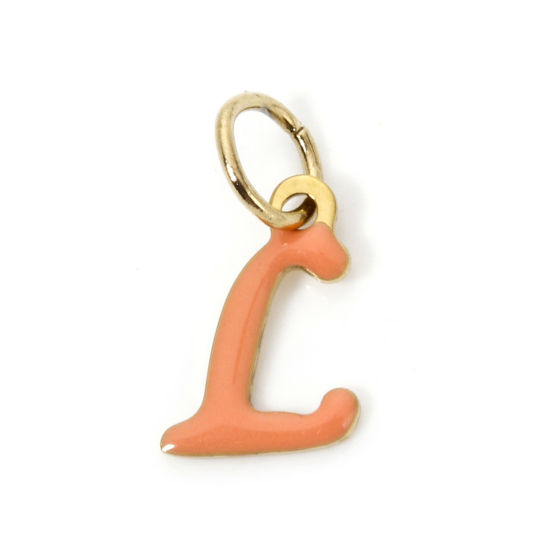 Picture of 1 Piece Eco-friendly PVD Vacuum Plating 304 Stainless Steel Charms 14K Gold Plated Orange Capital Alphabet Initial Letter Message " L " Enamel 16mm x 8mm