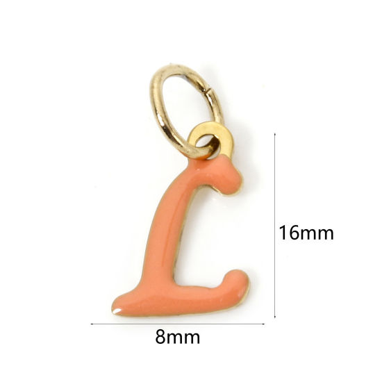 Picture of 1 Piece Eco-friendly PVD Vacuum Plating 304 Stainless Steel Charms 14K Gold Plated Orange Capital Alphabet Initial Letter Message " L " Enamel 16mm x 8mm